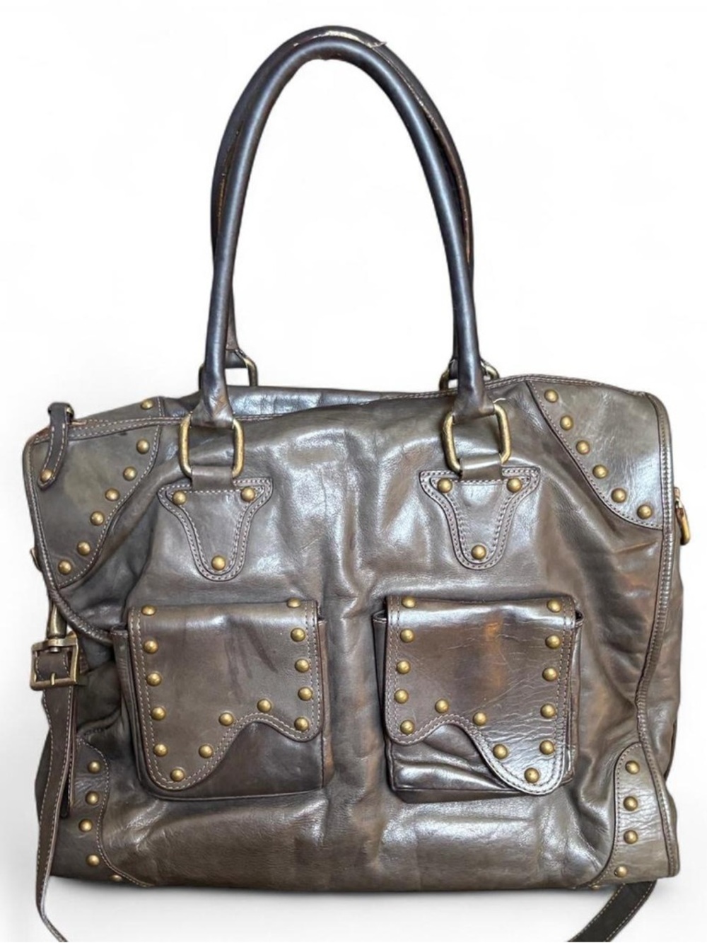 Be & D Brown Leather Studded Satchel Bag